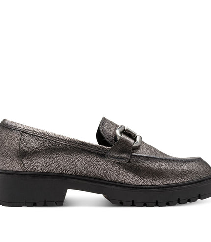 Tamaris Womens Pewter Silver Leather Loafers Slip-On Platform Shoes