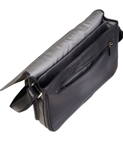 Genuine Leather Black Laptop Satchel Messenger Shoulder Bag - Astor