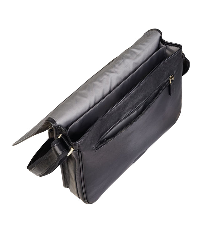 Genuine Leather Black Laptop Satchel Messenger Shoulder Bag - Astor