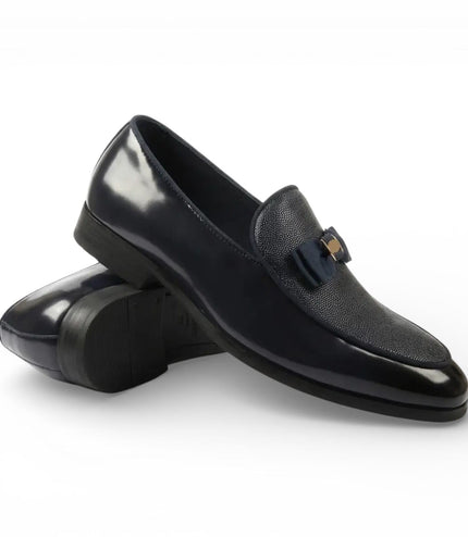 Mens Black Textured Front Iconic Buckle Bow Loafers Shoes