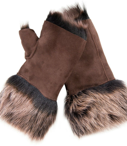 Womens Shearling  Mittens Fingerless Cuffs Toscana Suede Sheepskin Fur - Brown Gold