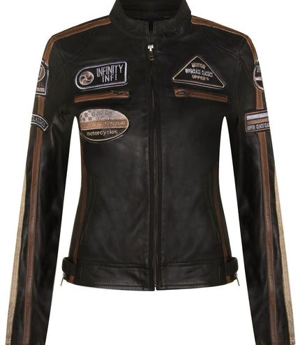 Womens Biker Racing Badges Leather Jacket-Eastleigh - Vintage Tan