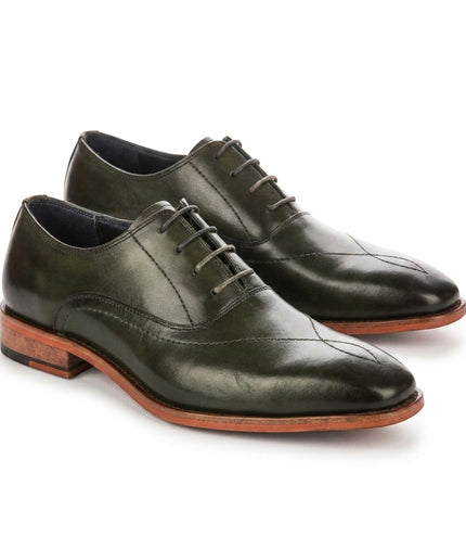 Justin Reess Men's Green Leather Cross-Stitch Toe Cap Oxford Shoes - Jett