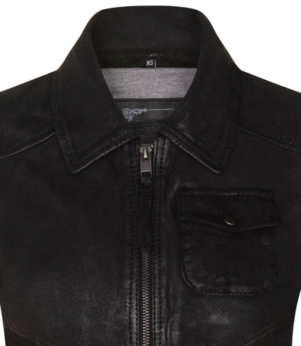 Womens Leather MA-1 Varsity Jacket-Ann Arbor - Black