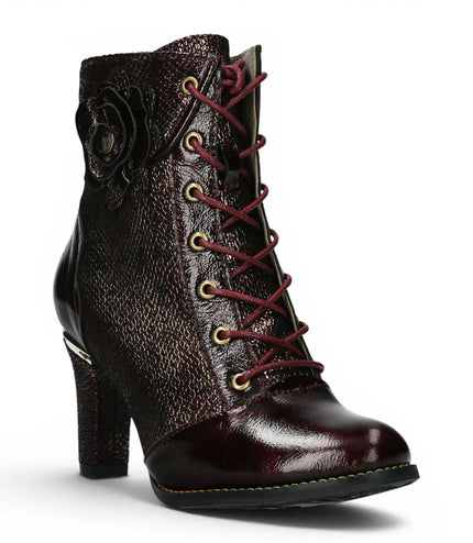Laura Vita Women’s Wine Leather Floral Heeled Lace-Up Boots - Alcbaneo 173