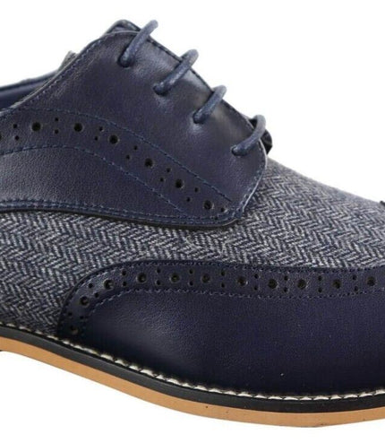 Mens Classic Oxford Tweed Brogue Shoes In Navy Leather