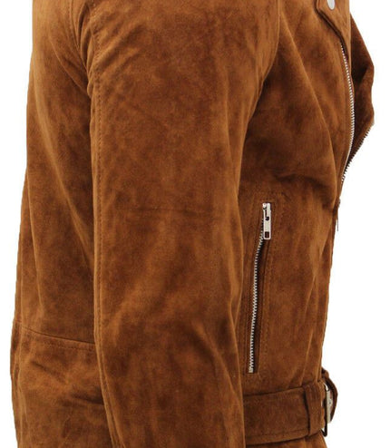 Mens Goat Suede Leather Brando Biker Jacket-Melbourne - Tan