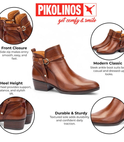 Pikolinos Women's Cuero Brown Leather Ankle Bootie Zip Heel Boots - Daroca