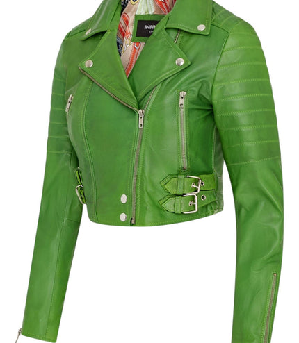 Womens Cropped Brando Leather Biker Jacket-Damascus - Apple