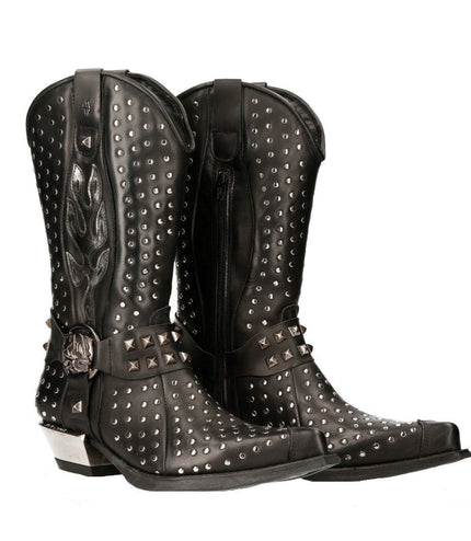 New Rock Black Leather Studded Cowboy Boots- M-7928-S1