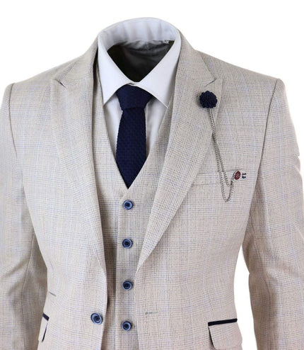 Mens 3 Piece Cream Check Tweed Herringbone Vintage Classic Suit