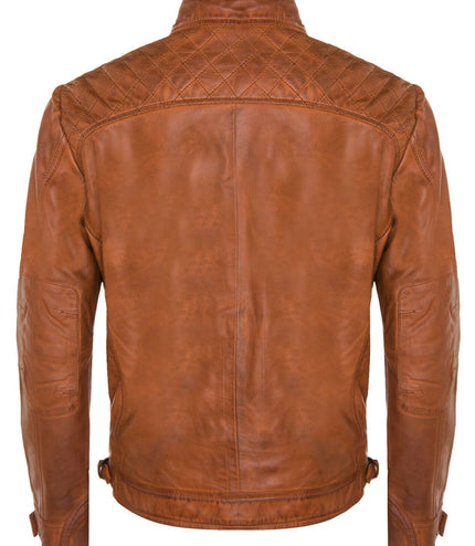 Men's Vintage Leather Quilted Biker Jacket-Monaco - Tan