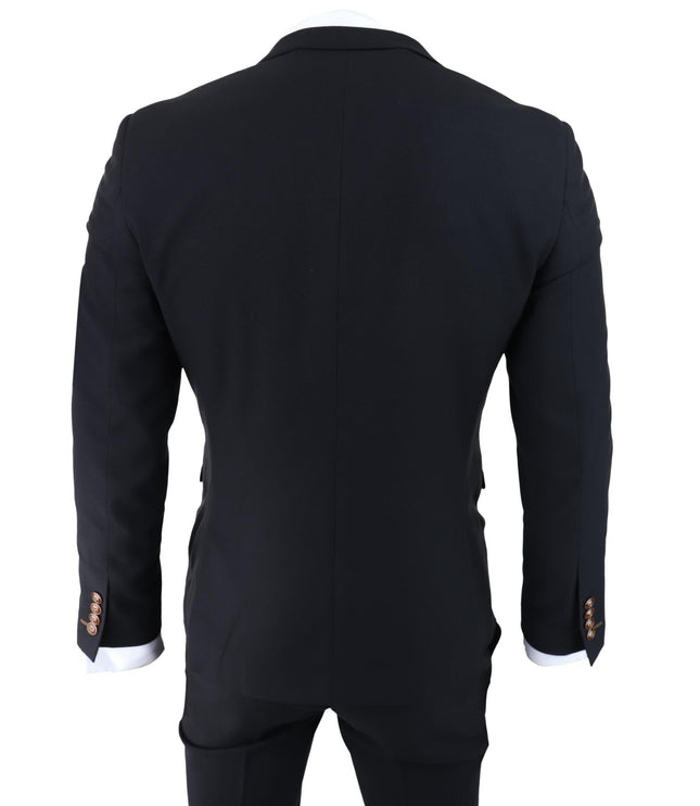 Mens Black 3 piece Suit Brown Trim Classic Birdseye Vintage Wedding Grooms