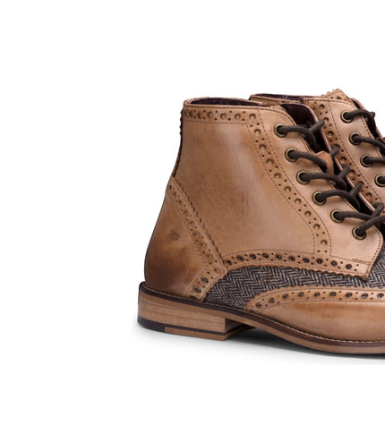 Mens Classic Oxford Tan Leather Gatsby Brogue Ankle Boots With Tweed