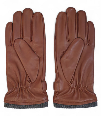 Men's Tan Brown Italian Leather Warm Wool Lining Winter Knit Rib Gloves - M-LGV-105