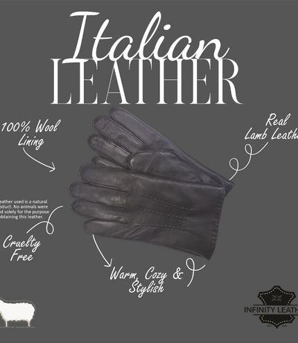 Men's Black Italian Leather Warm Wool Lining Winter Stich Design Gloves - M-LGV-205