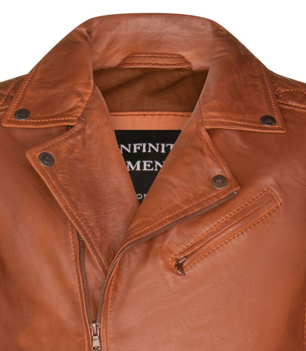 Mens Cross Zip Leather Biker Jacket - Gibraltar - Tan