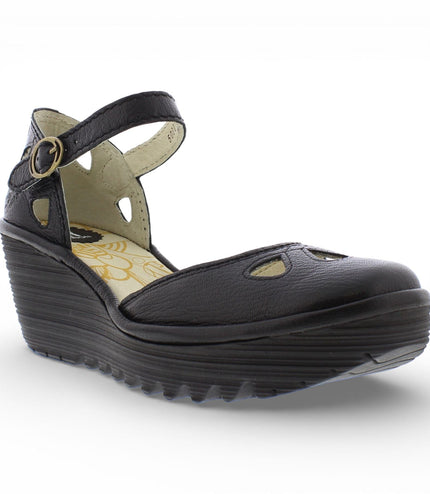 Fly London Women's Yuna Black Leather Wedge Sandals