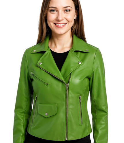 Women's Classic Brando Biker Leather Jacket - Broome - Apple