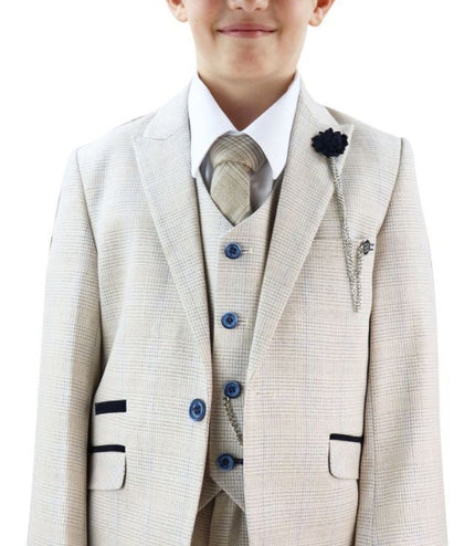 Boys 3 Piece Cream Herringbone Tweed Check Classic  Suit