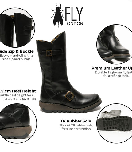 Fly London Womens Black Mes 2 Wedge Heel Buckle Mid-Calf Leather Zip Platform Boots