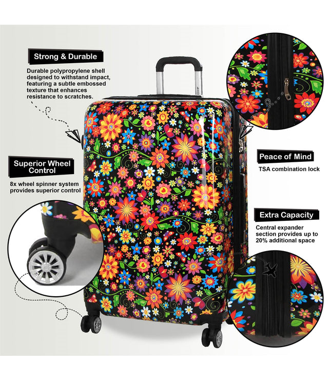 Ballina Large Hard Shell Suitcase in Black Flower