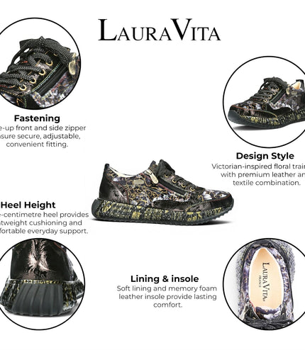 Laura Vita Women's Goth Victorian Floral Black Leather Trainer Sneaker - Burton-43