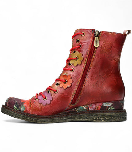 Laura Vita Ercnaulto 212 Red Floral Womens Gothic Victorian Leather Ankle Heeled Boots