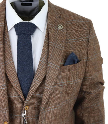 Mens 3 Piece Wool Suit Oak Brown Tweed Herringbone Check Peaky Blinders Gatsby