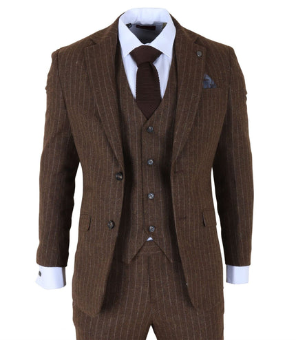 Men's Brown Pinstripe 3 Piece Slim Fit Formal Dinner Suit