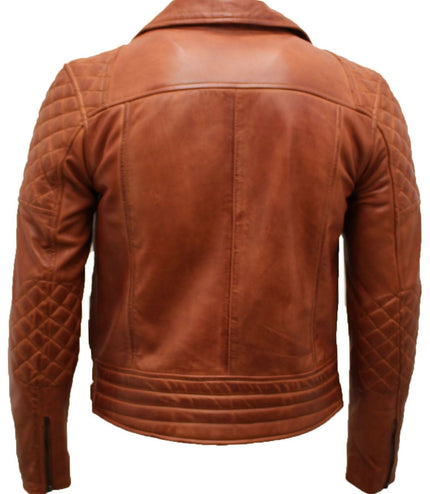 Mens Quilted Leather Biker Jacket-Bordeaux - Tan