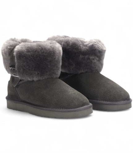 Women's Genuine Sheepskin Grey Suede Ankle Bootie Winter Boots - Granite