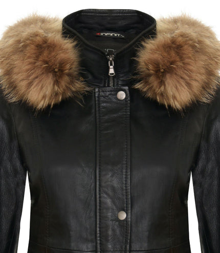 Womens Warm Leather Hooded Parka Jacket-Northwich - Black