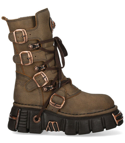 New Rock Brown Leather Gothic Mid-Calf Biker Boots - M-373XL-C120
