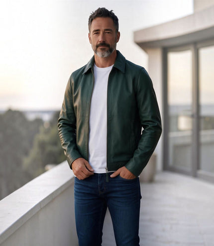 Mens Leather Green Harrington Collar Biker Jacket - Alpha