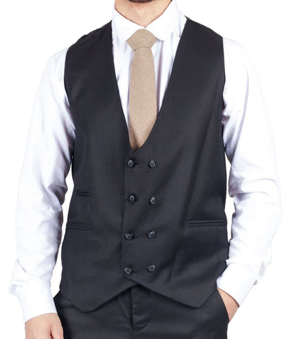Mens IM1 Double Brusted Plain Black 3 Piece Suit