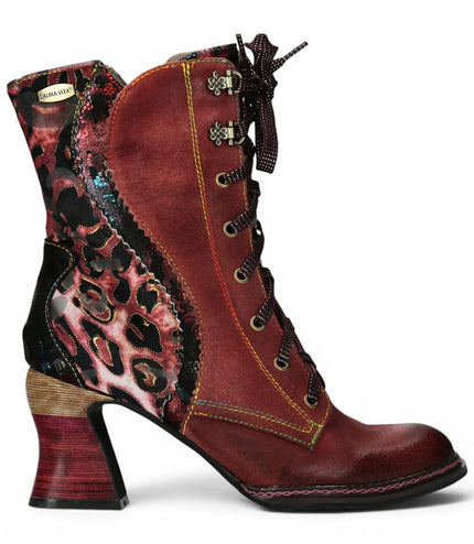 Laura Vita Women's Goth Victorian Floral Wine Leather Lace-Up Heeled Boots - Eleao-42