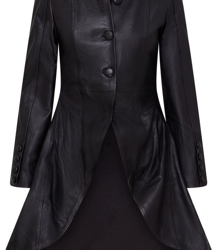 Womens Gothic Full Length Leather Coat Victorian Flare Goth Punk - Black