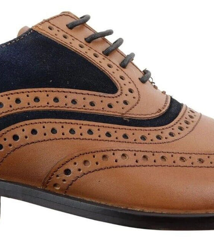 Mens Retro Oxford Navy Suede Brogue Shoes In Tan Leather