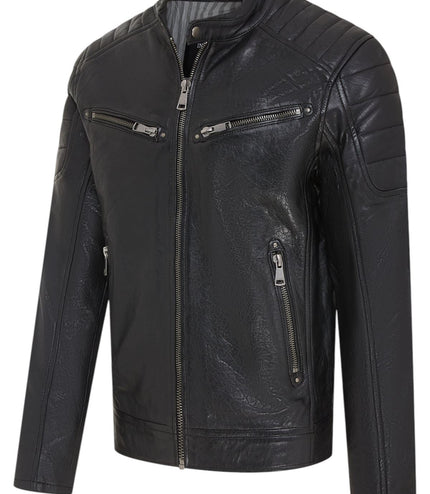 Men's Modern Classic Leather Quilted Biker Jacket - Derry - Black