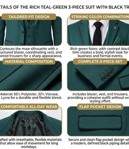 Men's Green Formal 3 Piece Tailored Fit Plain Suit - IM4