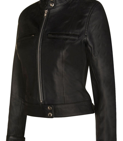 Womens Plain Leather Moto Biker Jacket-Braga - Black