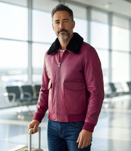 Mens Burgundy Leather Aviator Bomber Jacket - Lunar