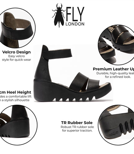 Fly London Women's Bono290Fly Black Mousse Leather Wedge Sandals