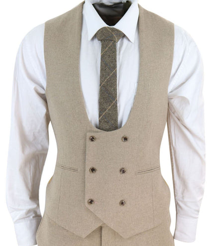 Mens Tweed 3 Piece Beige Formal Wedding Suit