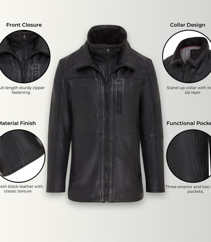 Mens Warm Mid-Length Leather Biker Coat - Sikander - Black