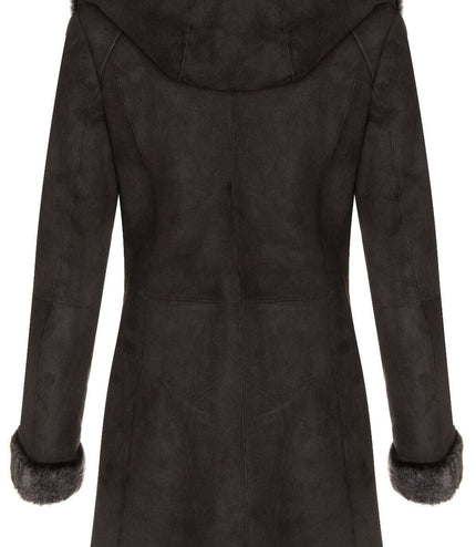 Womens Merino Sheepskin Hooded Coat-Antioch - Brown