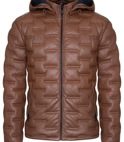 Men's Hooded Puffer Quilted Bomber Leather Jacket - BelÃ©m - Tan