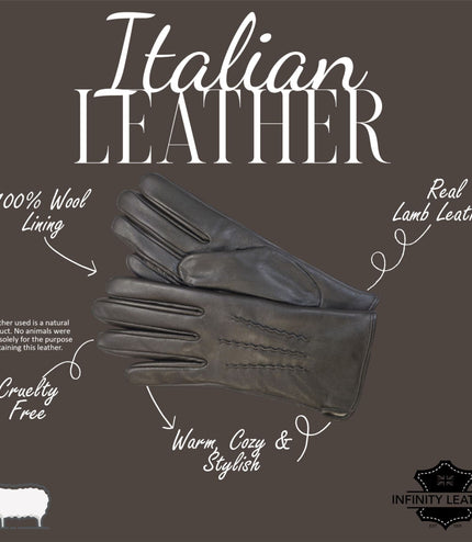 Womens Brown Italian Leather Winter Stitch Line Design Soft Wool Lining Gloves - L-GLV-301