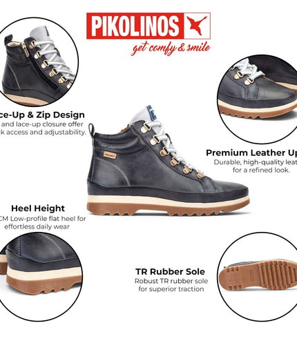 Pikolinos Women's Blue Leather Trainers Sneaker Winter Lace-up Boots - Vigo